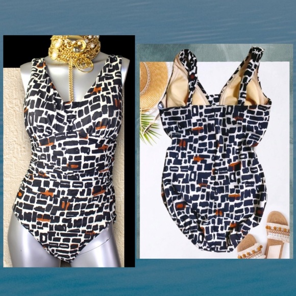 Vintage Lands’ End Tummy Control Geometric One Piece Swim Suit - Picture 1 of 8